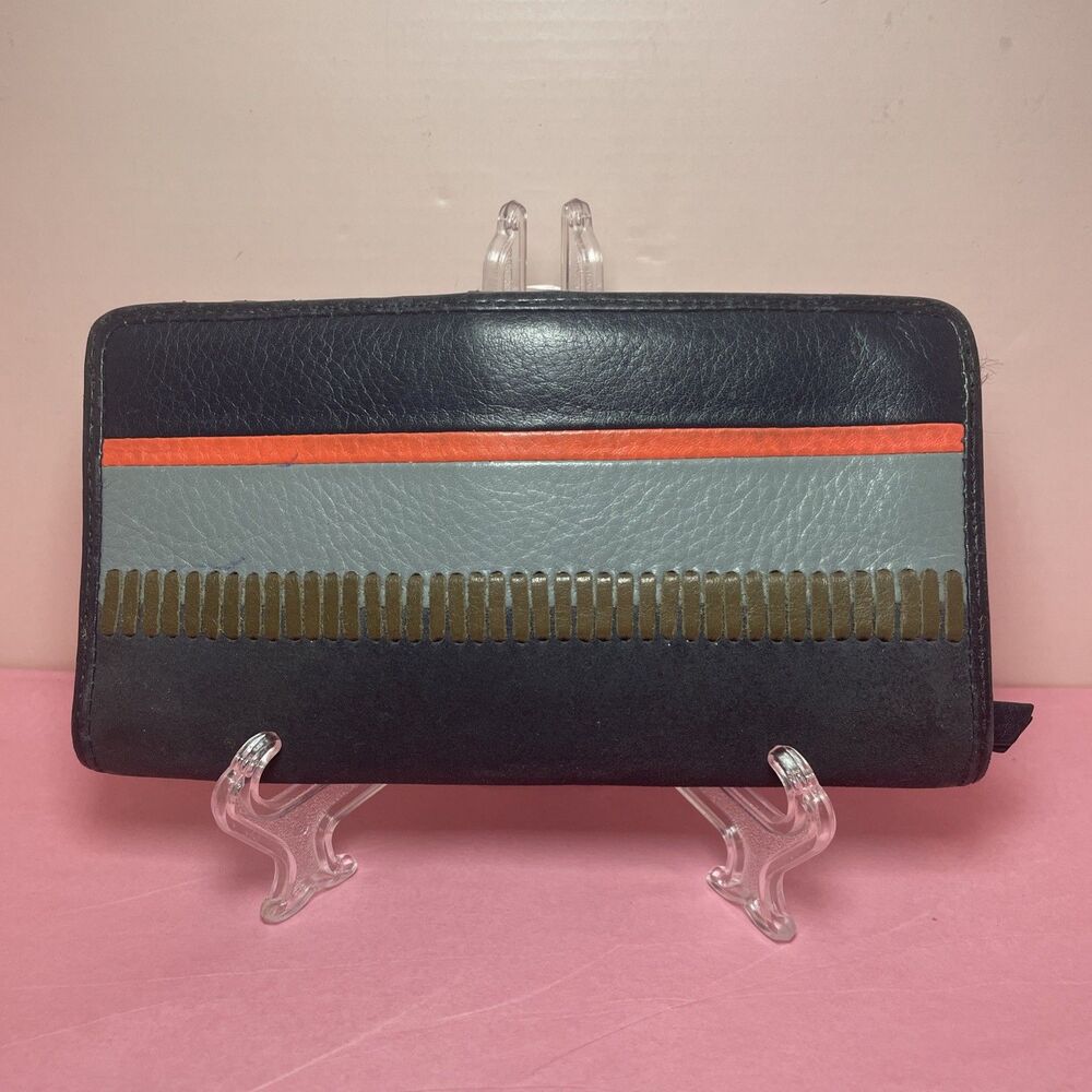 Fossil Long Leather Wallet Clutch Zip Bifold Stripe Blue Cards Cash Organizer